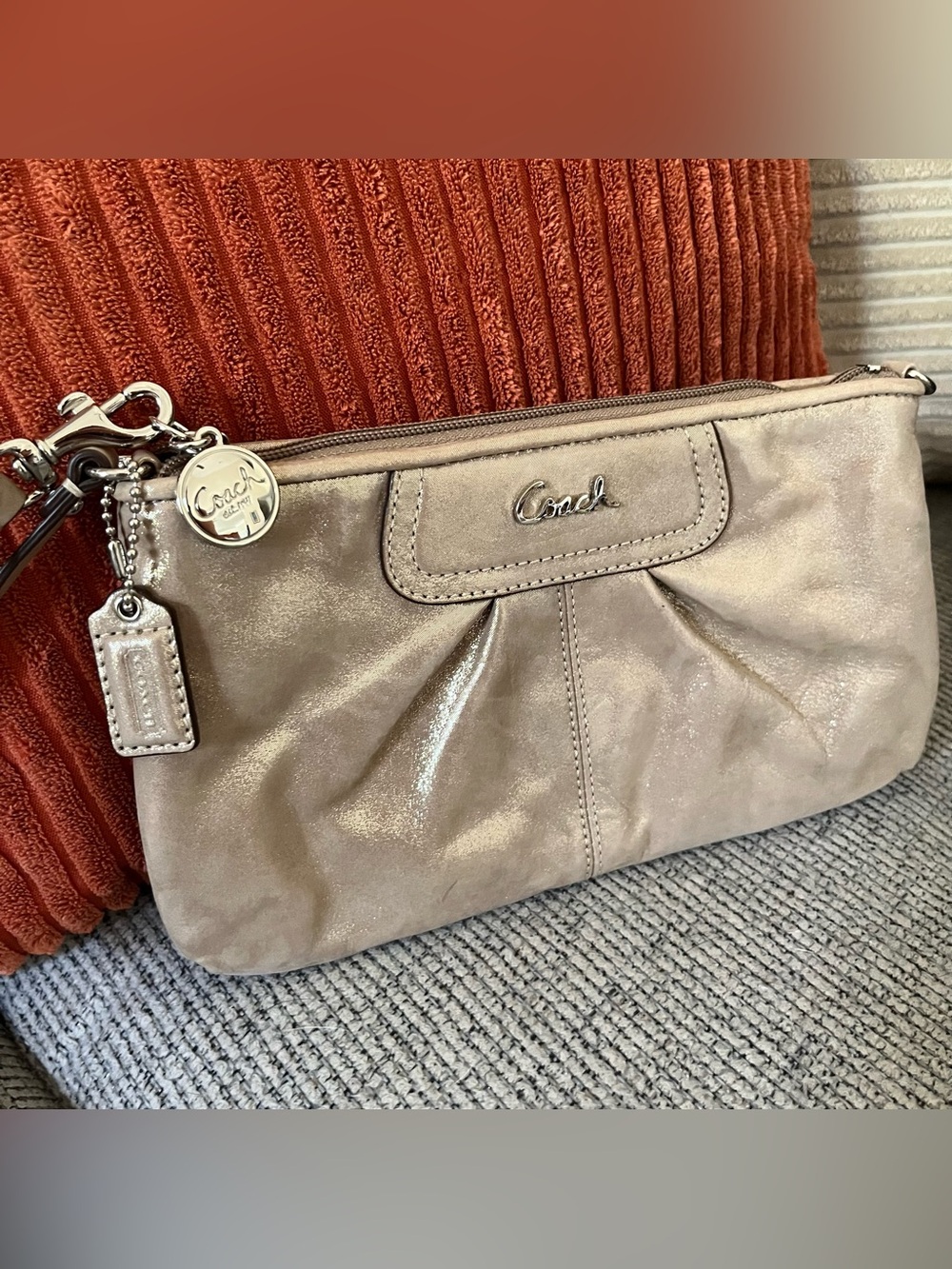 Coach NWT, silver pewter wristlet clutch handbag adjustable